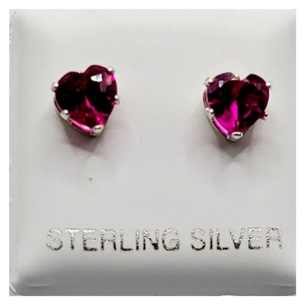Sterling Silver 925 Pink CZ Heart Shaped Stud Earrings Valentines - Picture 2 of 8